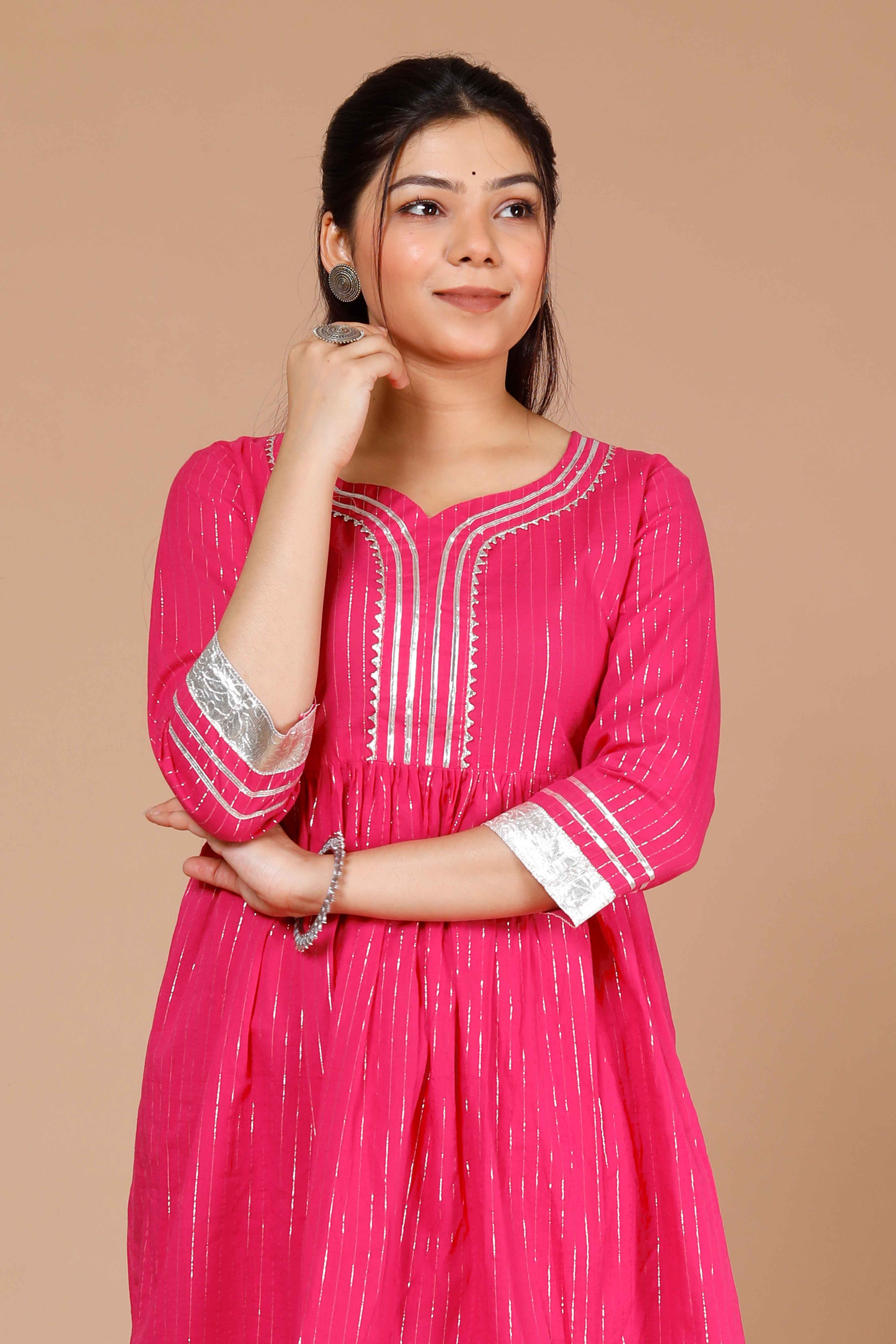 Pink Printed A-Line Gotta Patti Lurex Cotton Kurti with Sharara Set